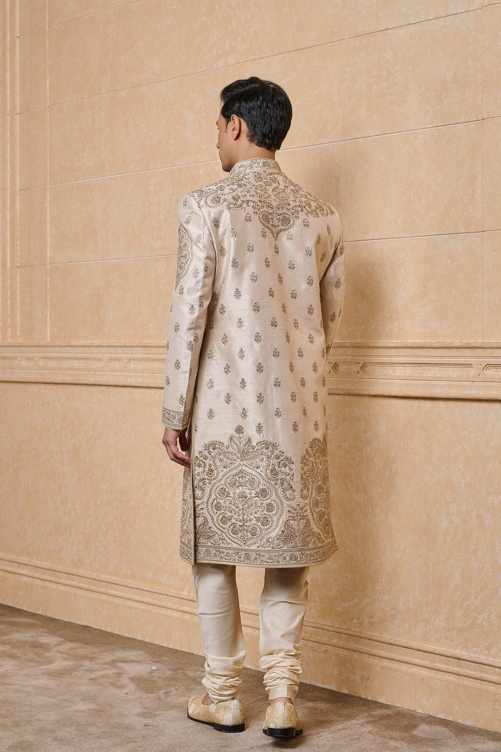 Ivory Raw Sherwani With Placement Embroidery