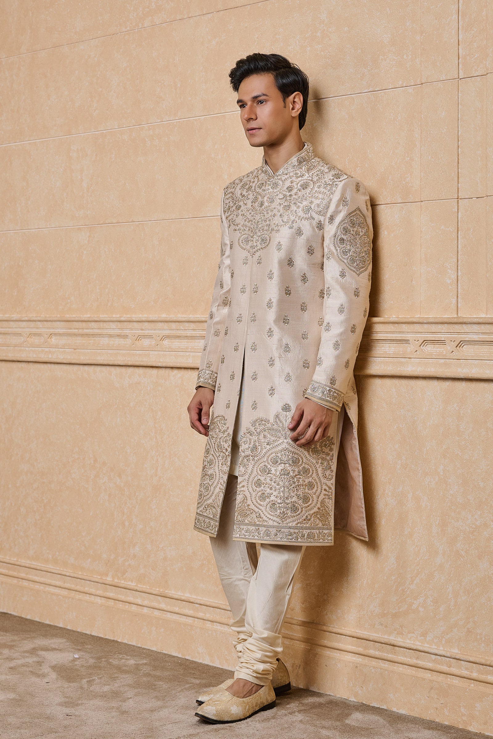 Ivory Raw Sherwani With Placement Embroidery