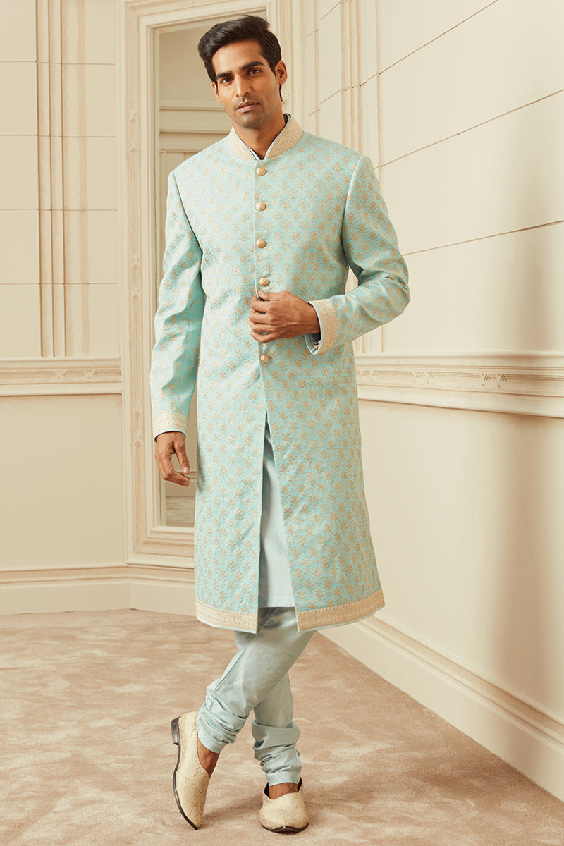 Light Blue All Over Embroidered Silk Sherwani