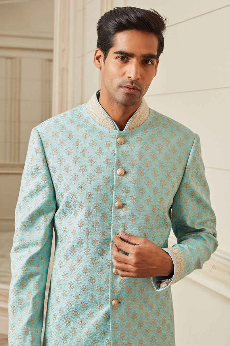 Light Blue All Over Embroidered Silk Sherwani