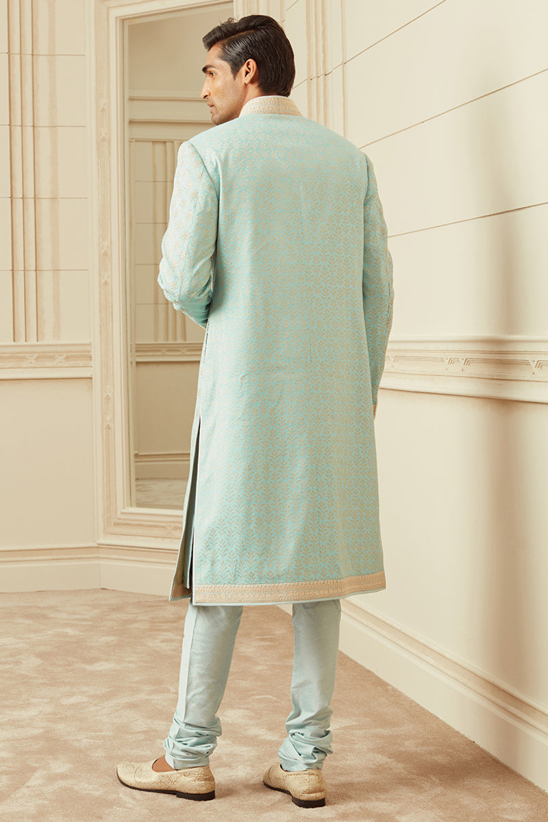 Light Blue All Over Embroidered Silk Sherwani