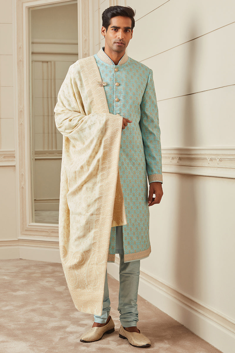 Light Blue All Over Embroidered Silk Sherwani