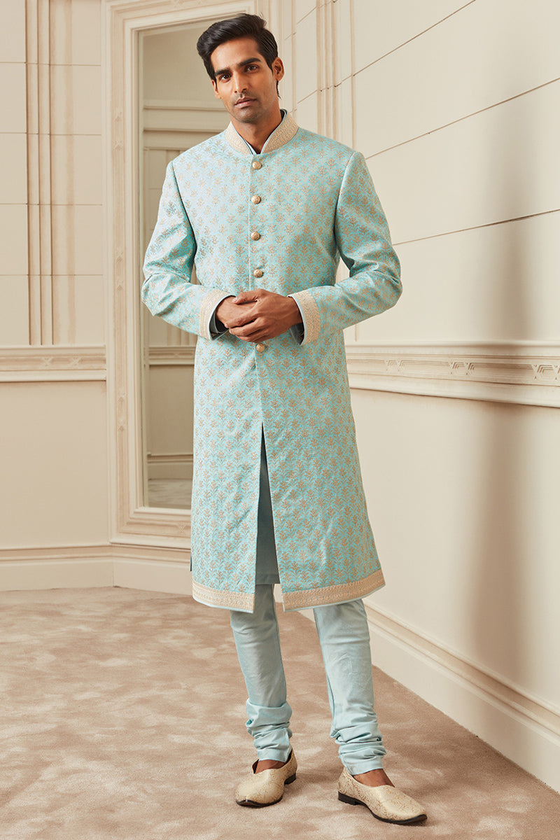 Light Blue All Over Embroidered Silk Sherwani