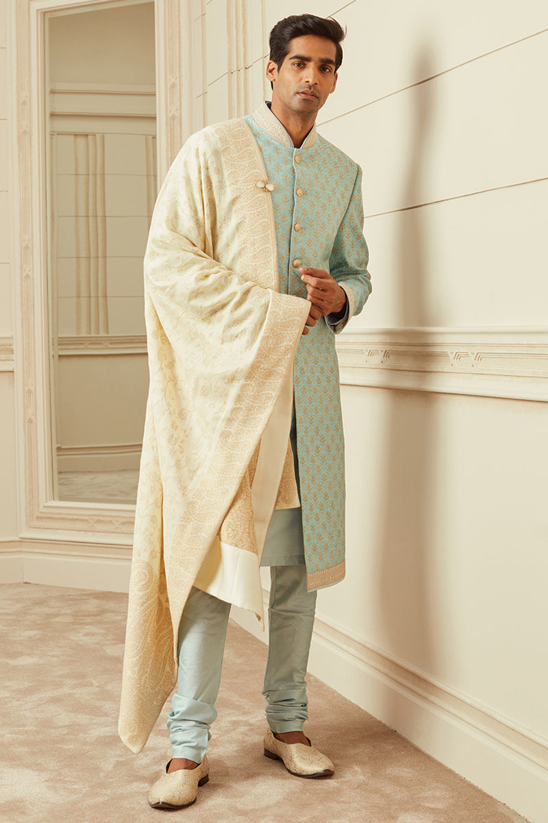 Light Blue All Over Embroidered Silk Sherwani