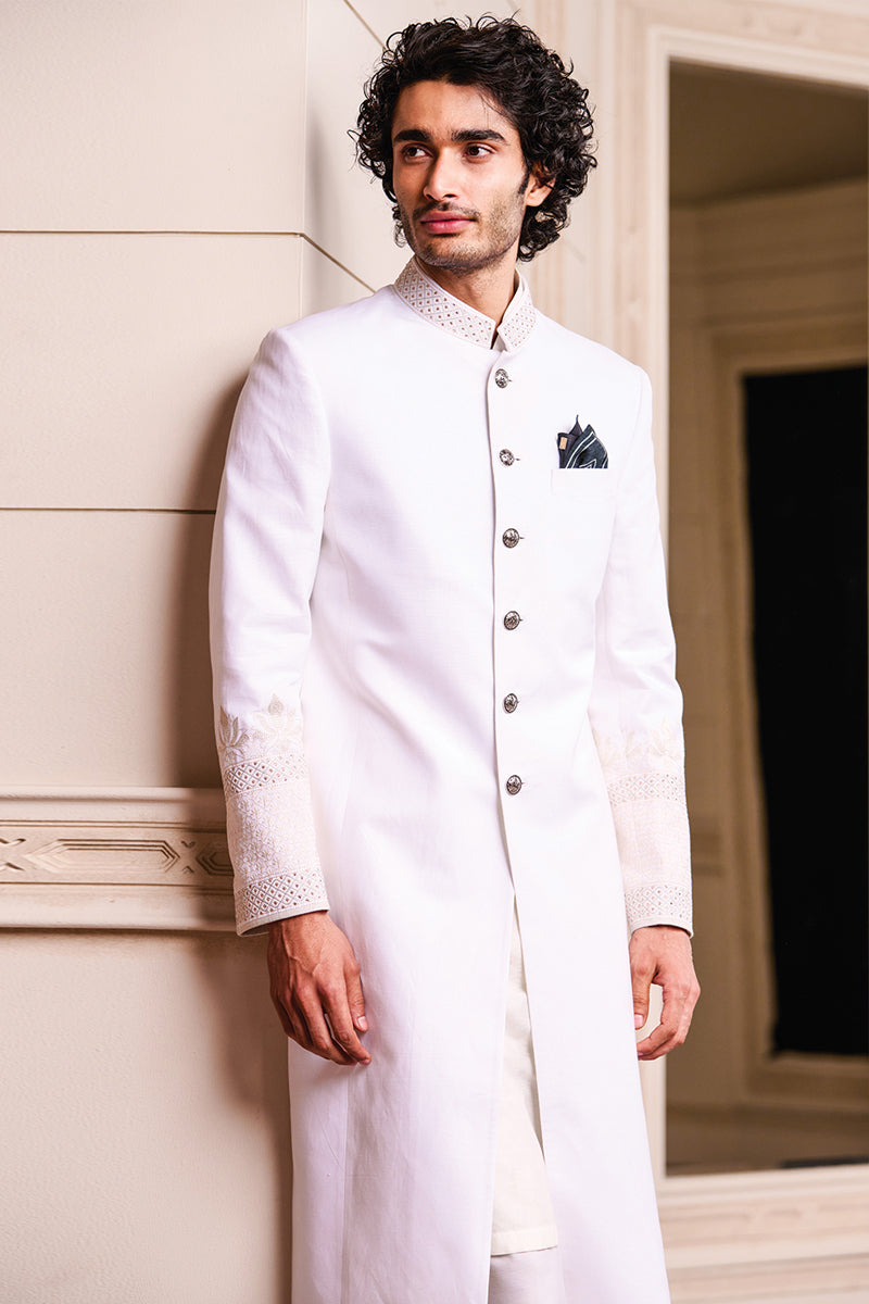 White Linen Swarovski Sherwani