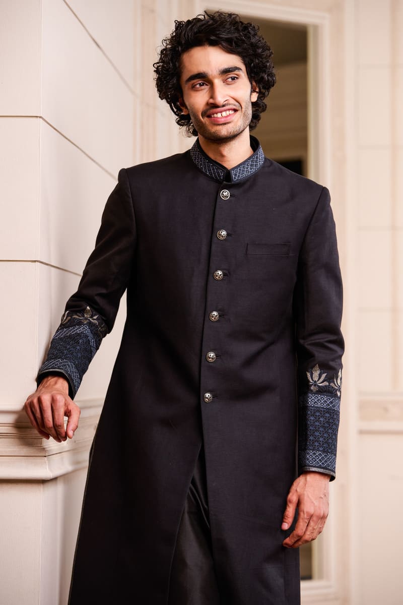 Black Linen Swarovski Sherwani