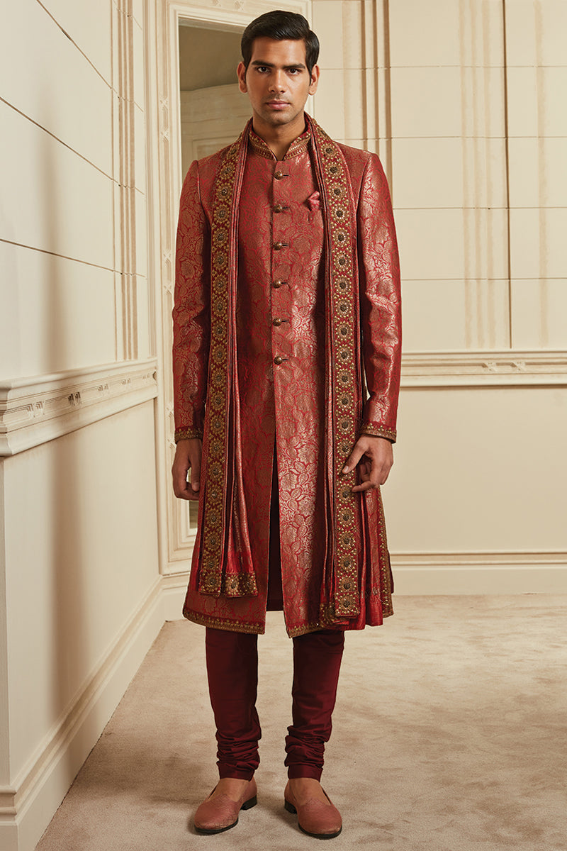 Red Silk Brocade Sherwani