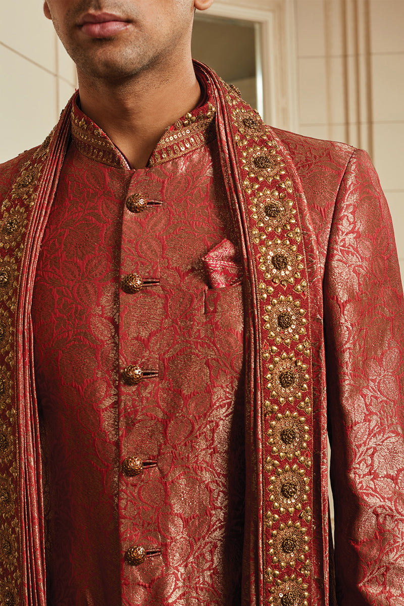 Red Silk Brocade Sherwani