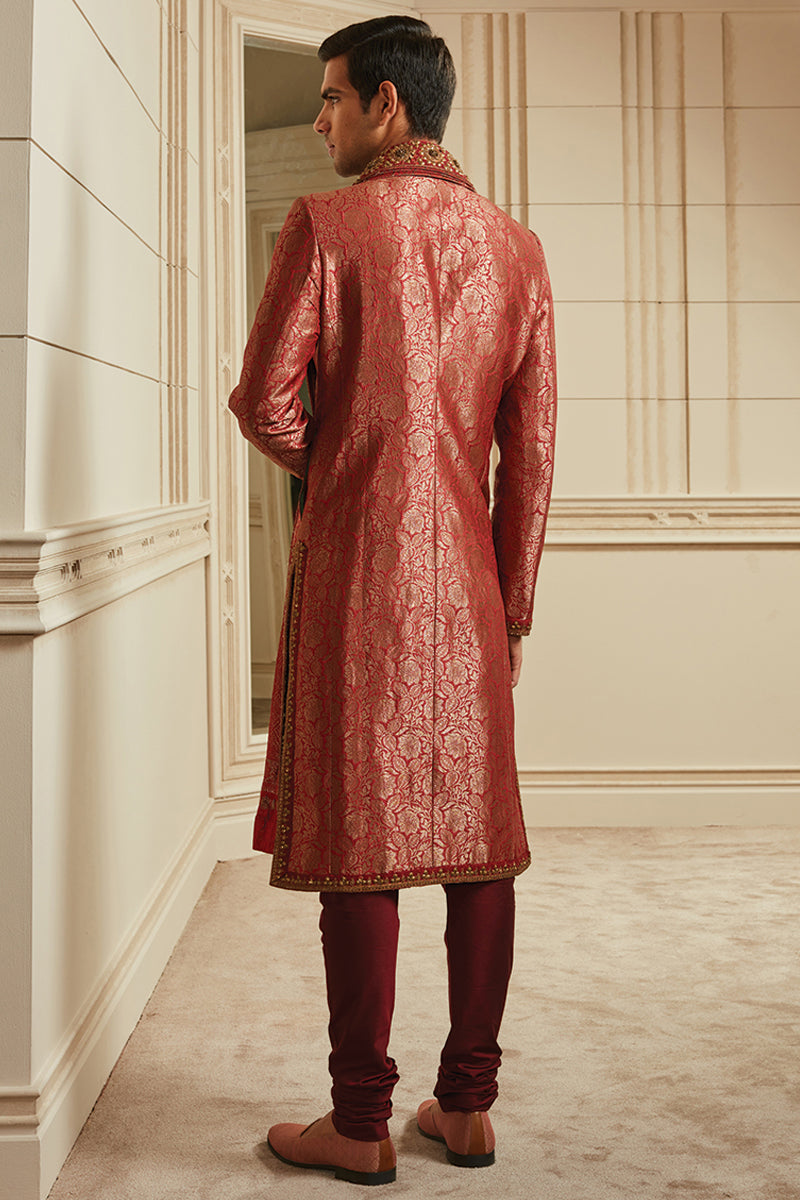 Red Silk Brocade Sherwani