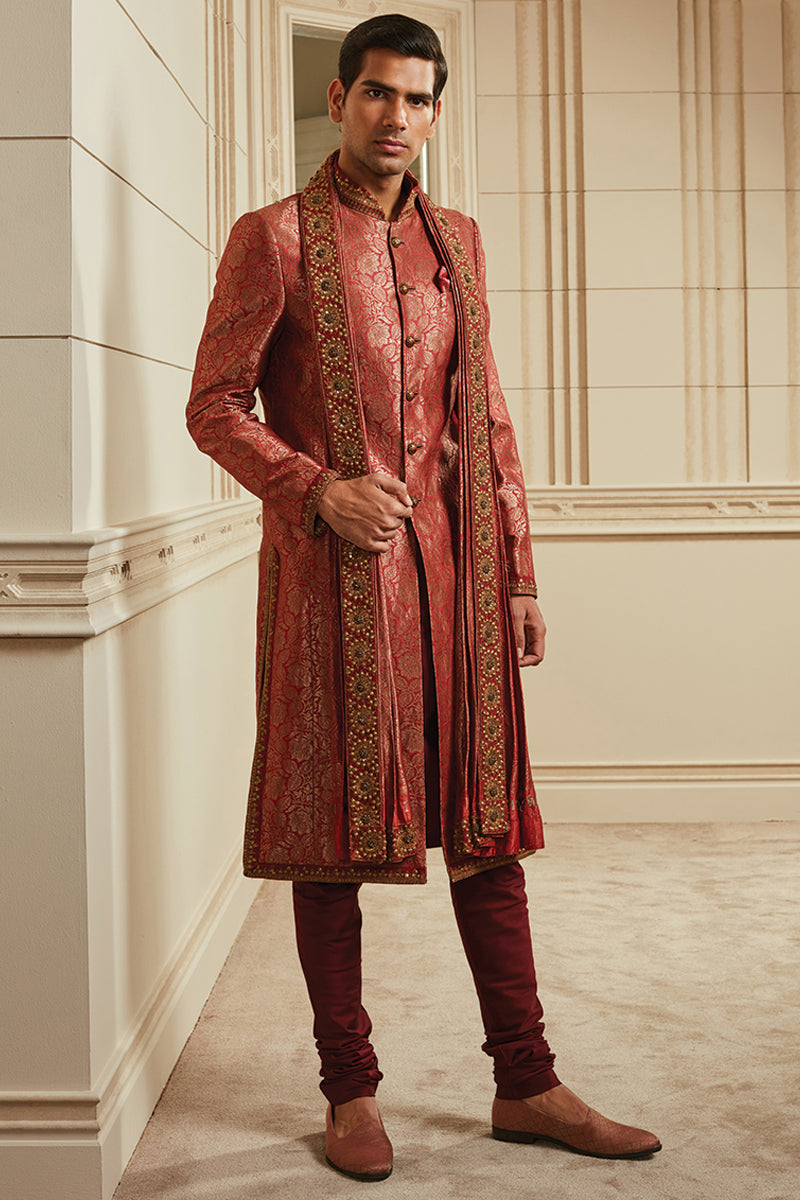 Red Silk Brocade Sherwani