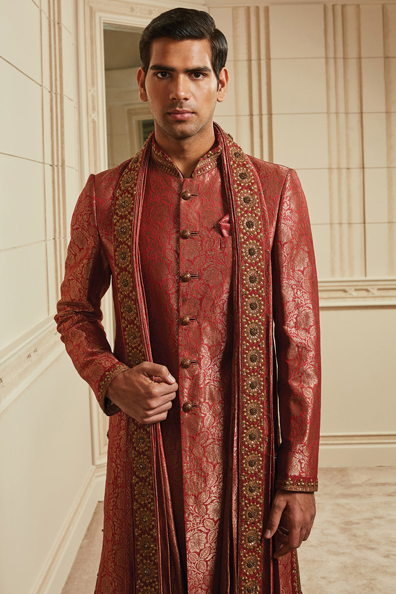 Red Silk Brocade Sherwani