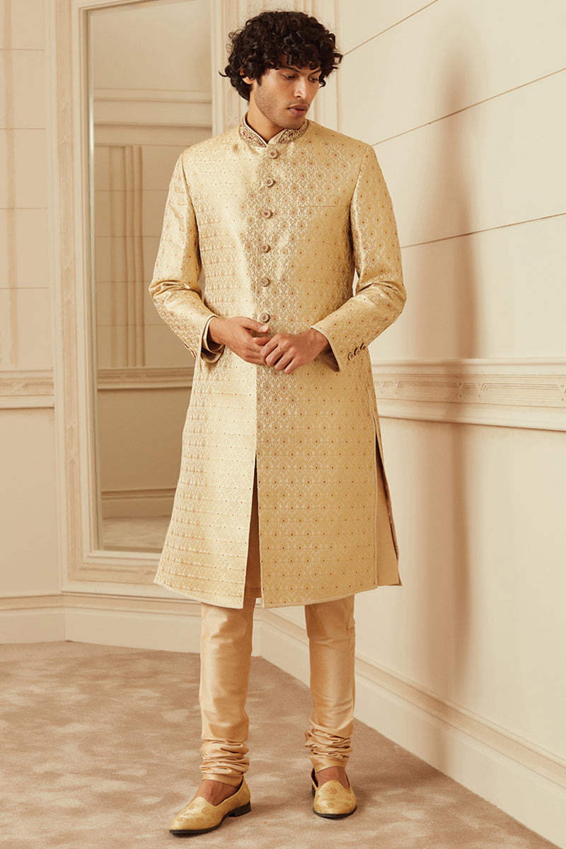 Gold Sherwani With Zardozi Embroidered Collar