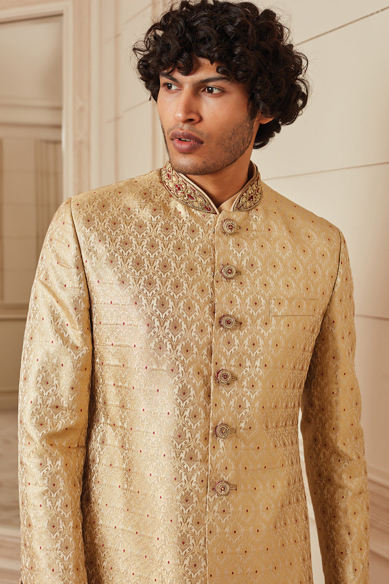 Gold Sherwani With Zardozi Embroidered Collar