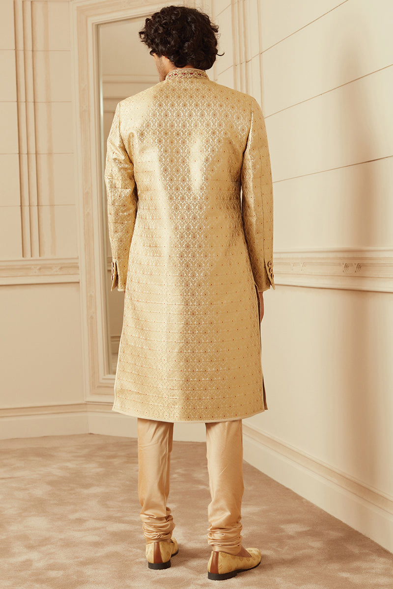 Gold Sherwani With Zardozi Embroidered Collar