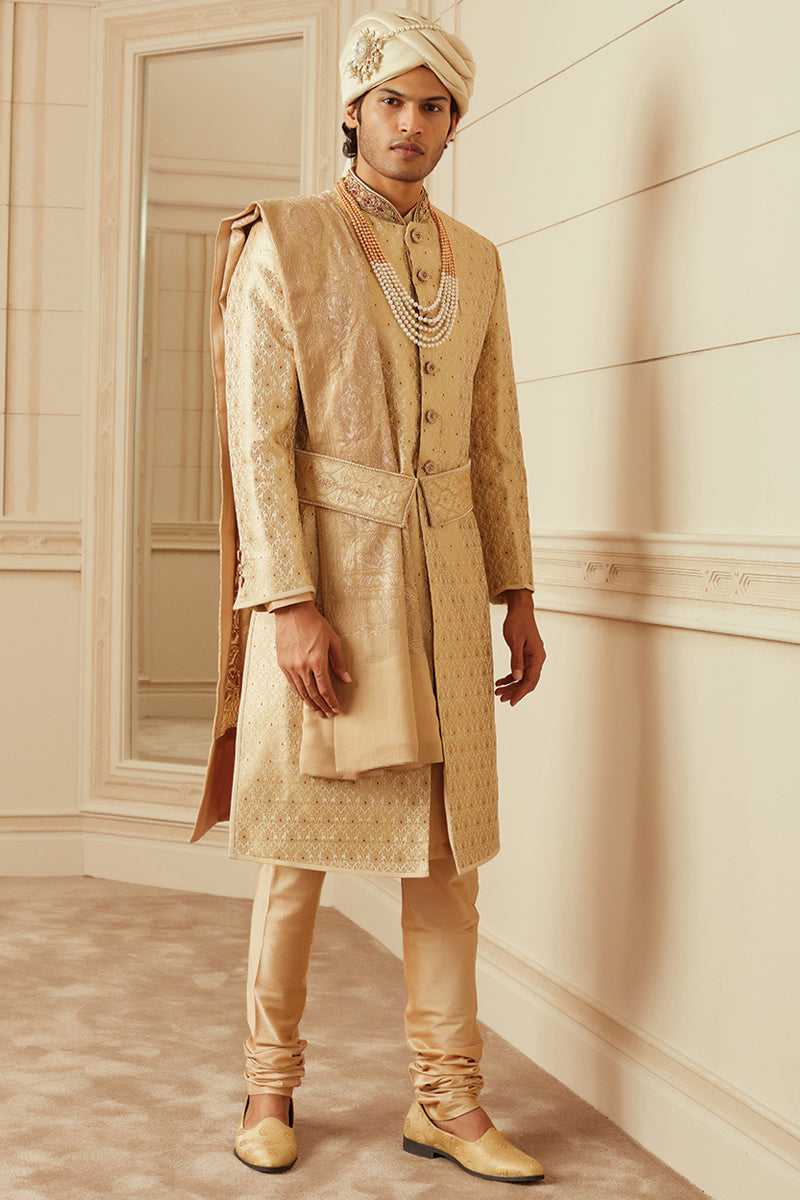 Gold Sherwani With Zardozi Embroidered Collar