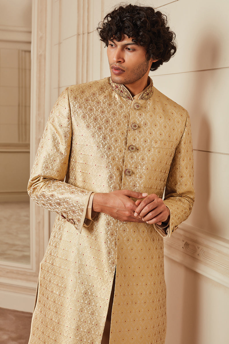 Gold Sherwani With Zardozi Embroidered Collar