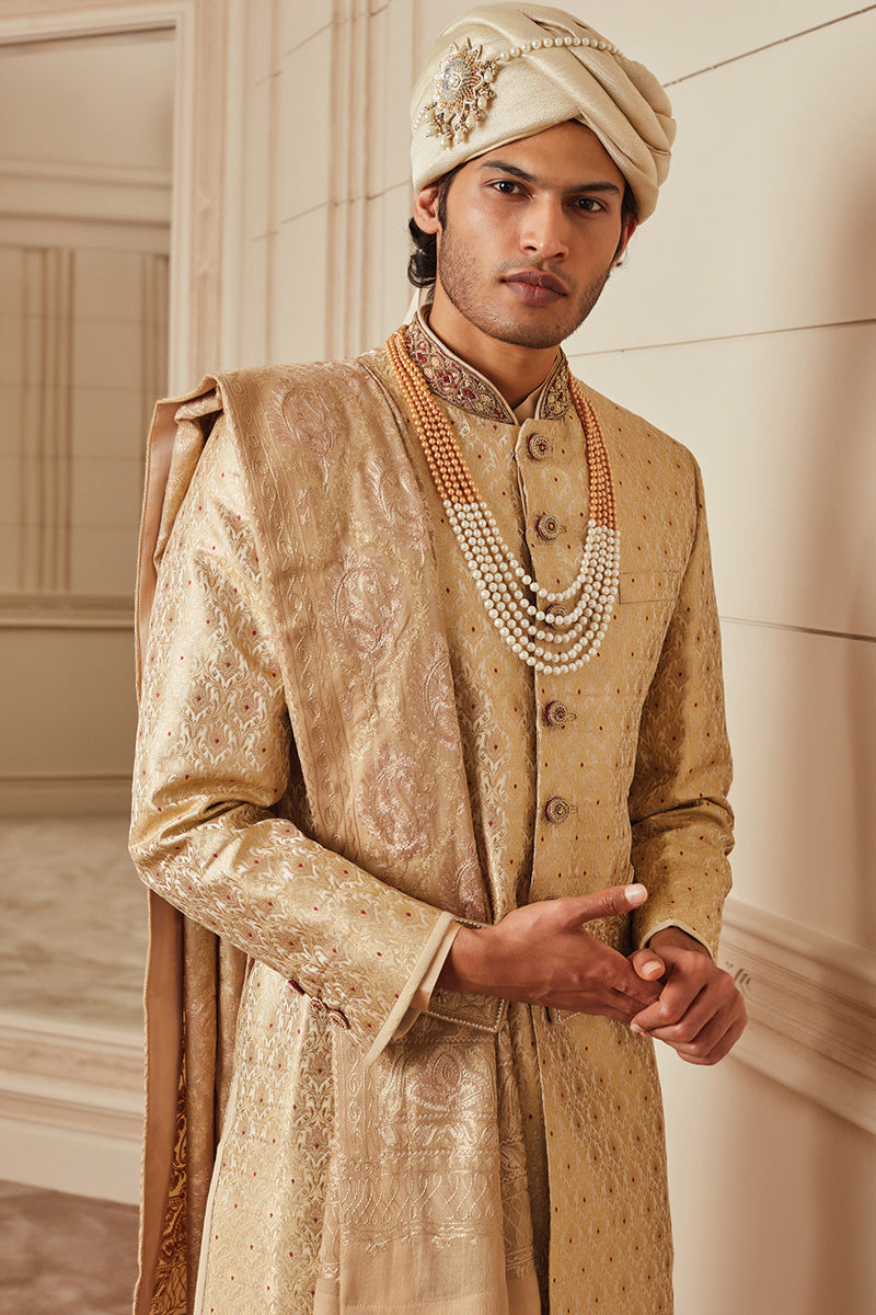 Gold Sherwani With Zardozi Embroidered Collar