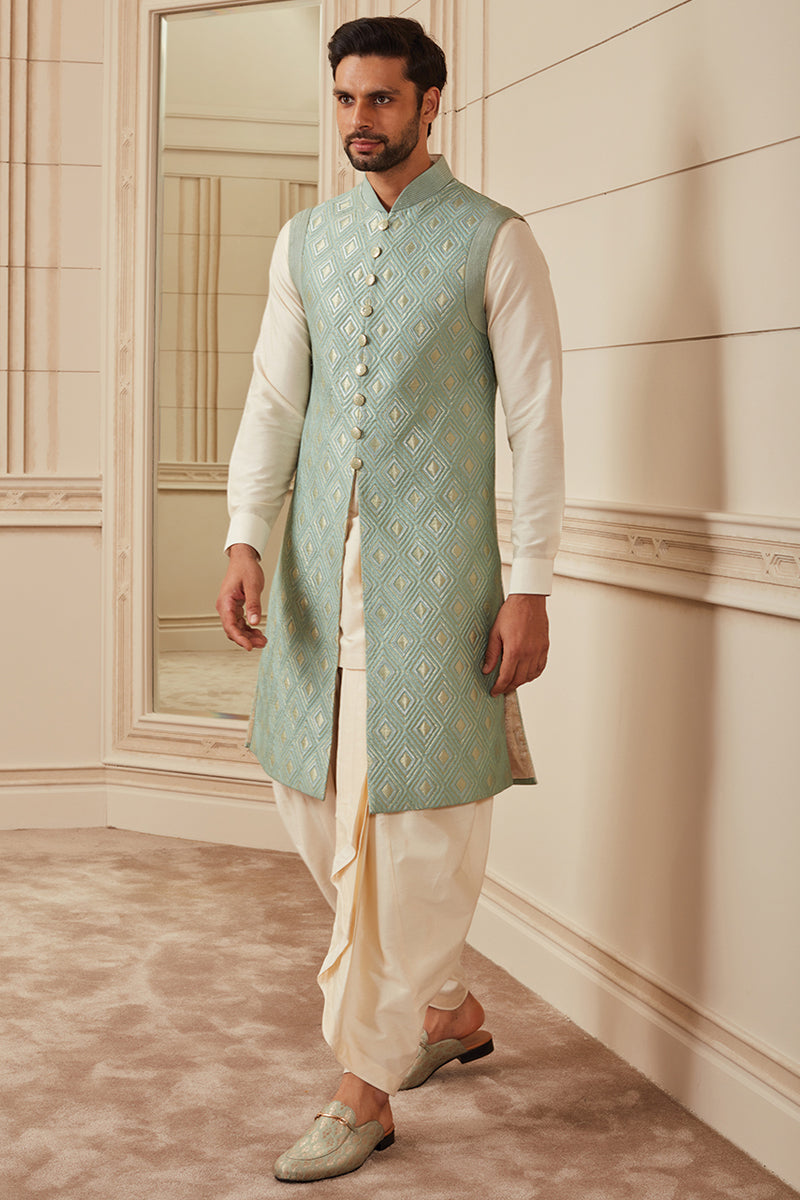 Light Green Quilted Brocade Sleeveless Sherwani