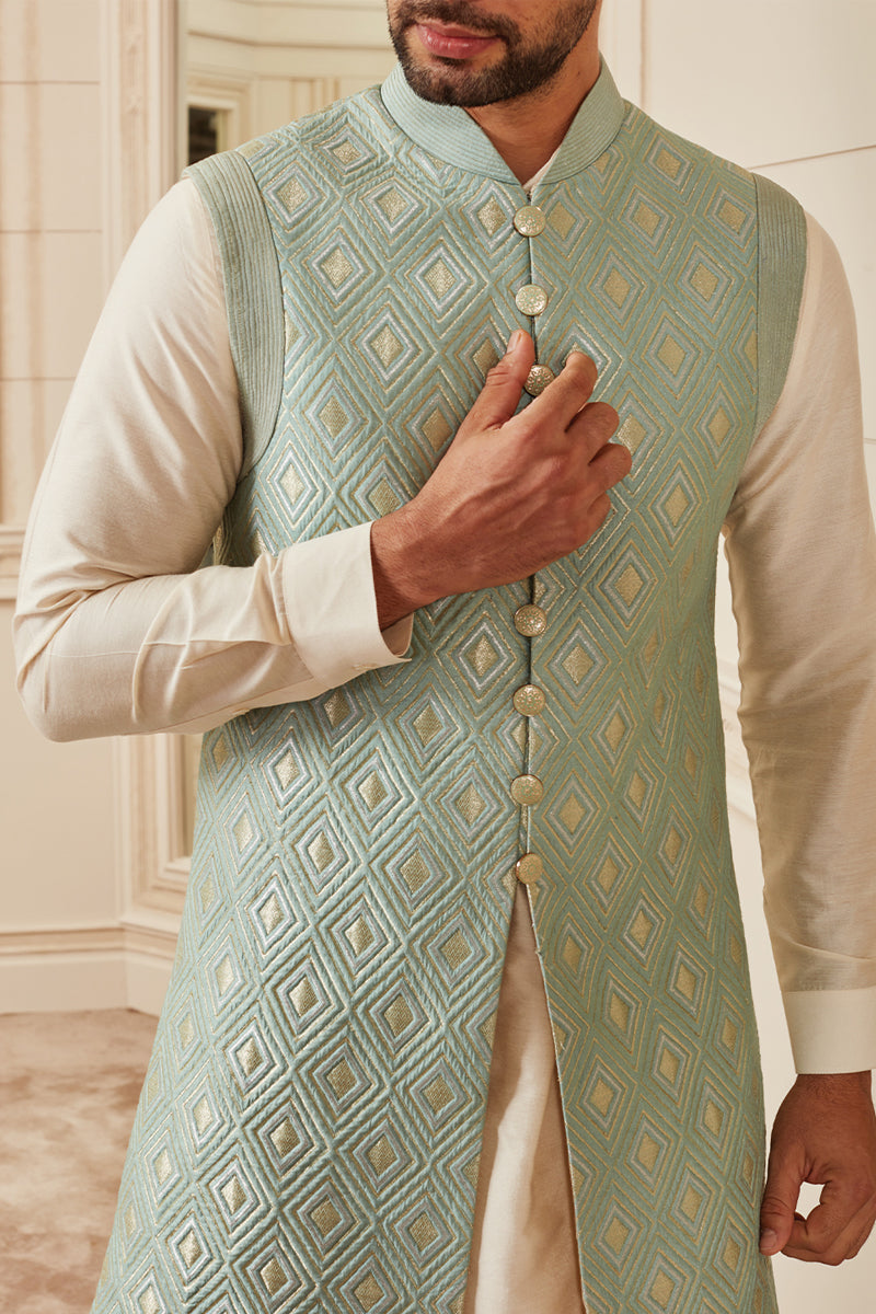 Light Green Quilted Brocade Sleeveless Sherwani