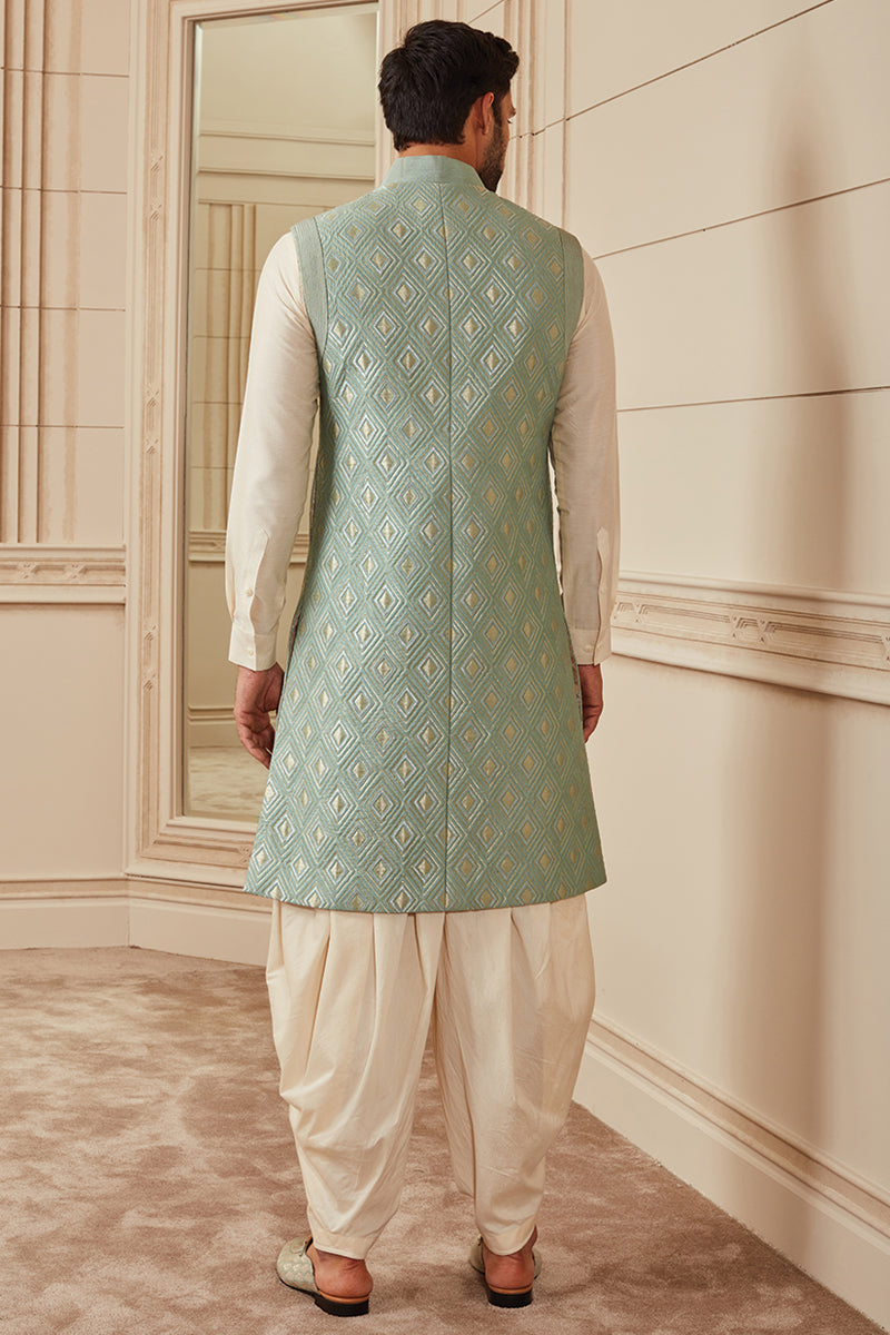 Light Green Quilted Brocade Sleeveless Sherwani