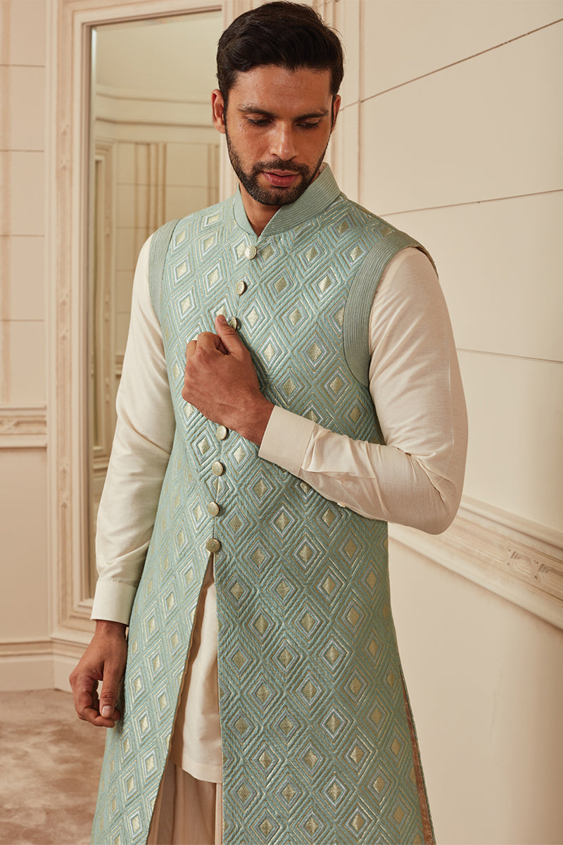 Light Green Quilted Brocade Sleeveless Sherwani