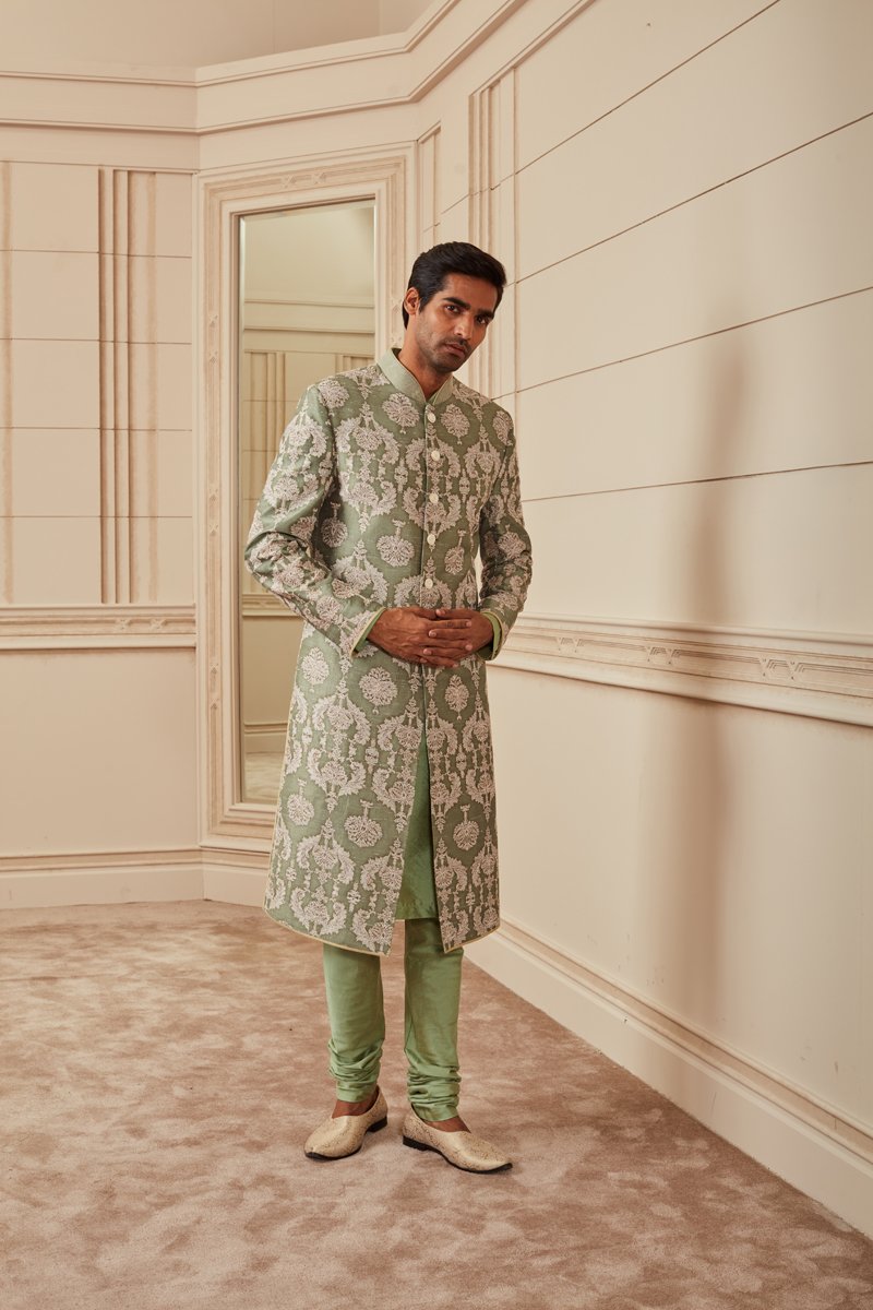 Light Green Print And Aari Embroidered Sherwani