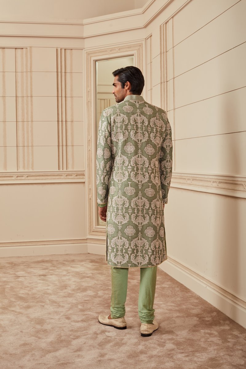 Light Green Print And Aari Embroidered Sherwani