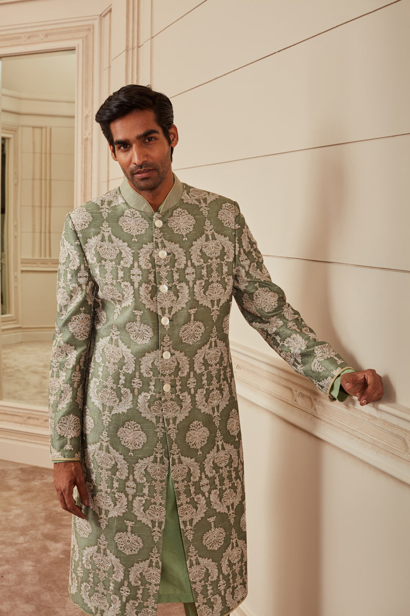 Light Green Print And Aari Embroidered Sherwani