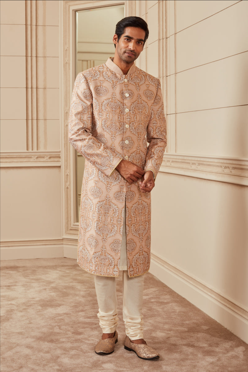 Beige Print And Aari Embroidered Sherwani