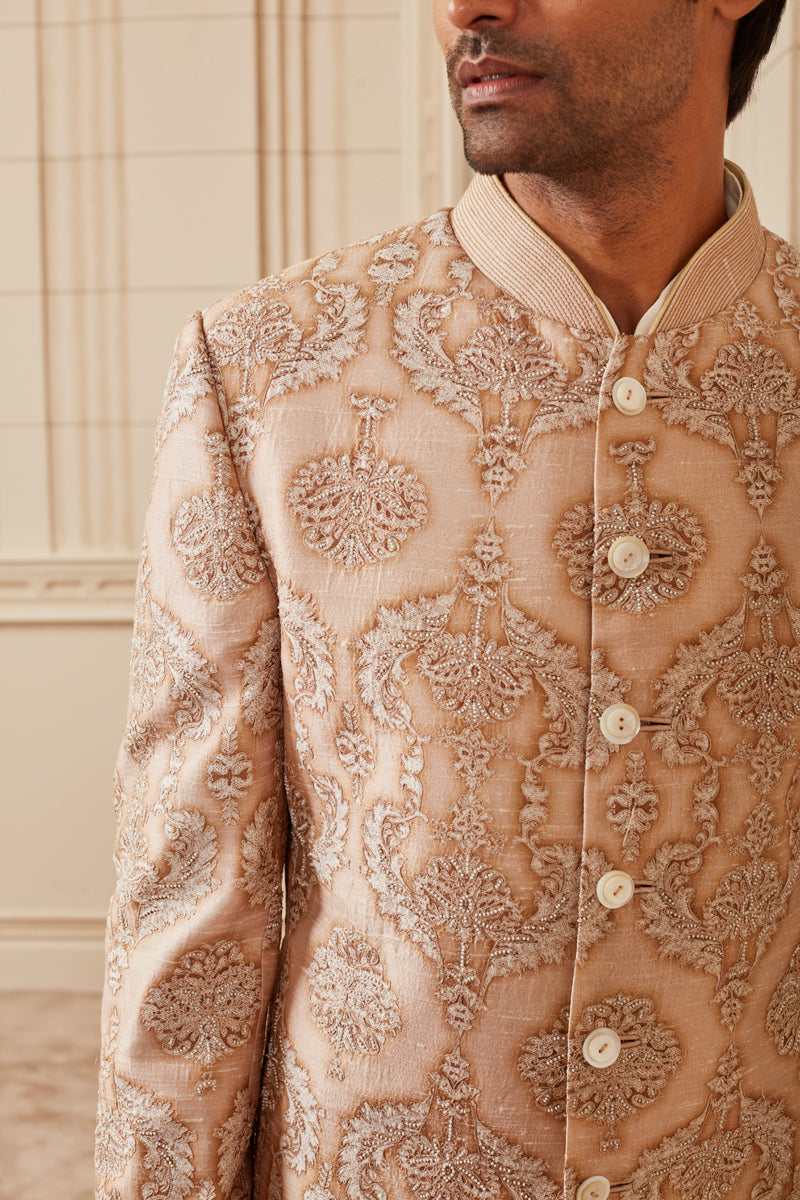 Beige Print And Aari Embroidered Sherwani