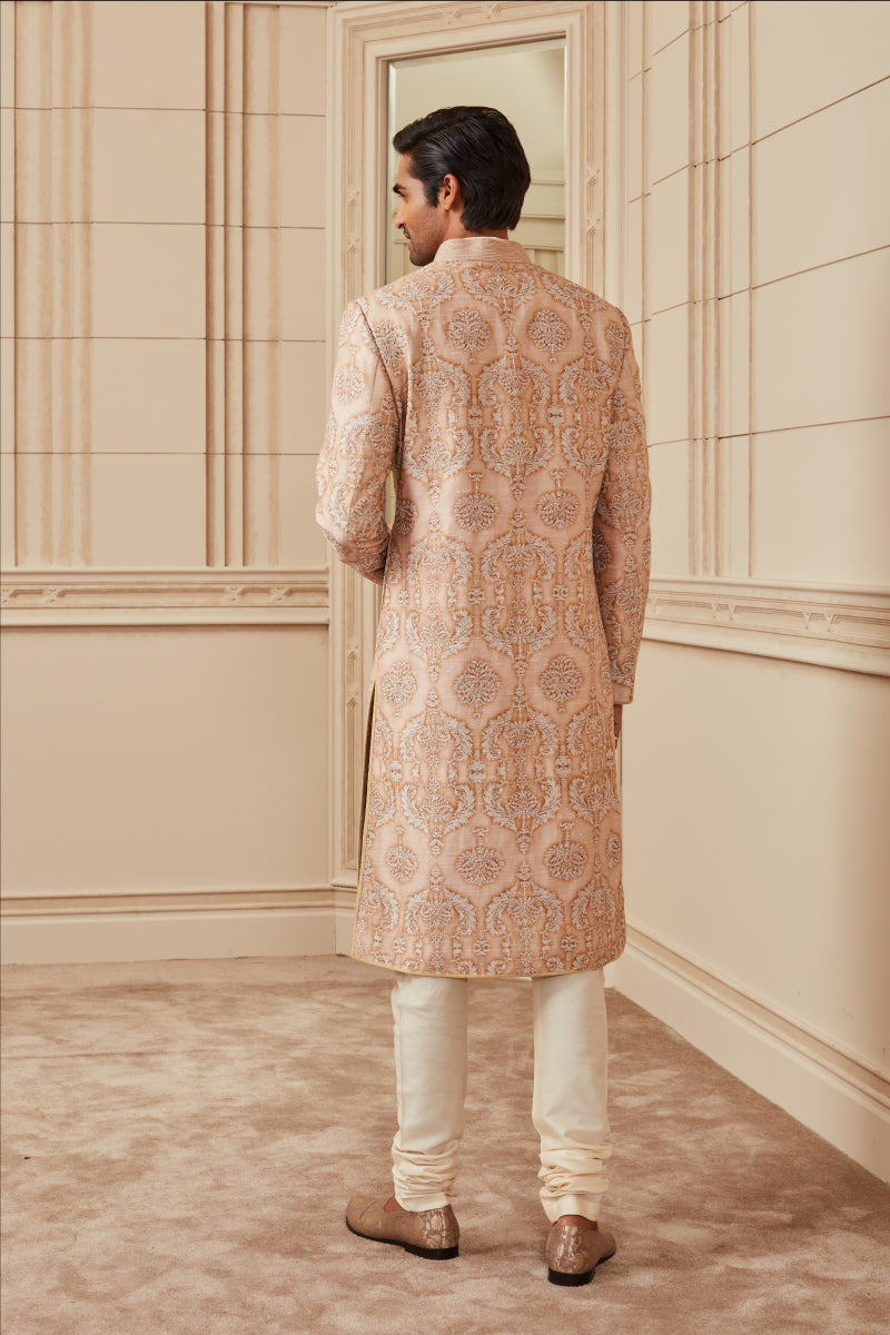 Beige Print And Aari Embroidered Sherwani