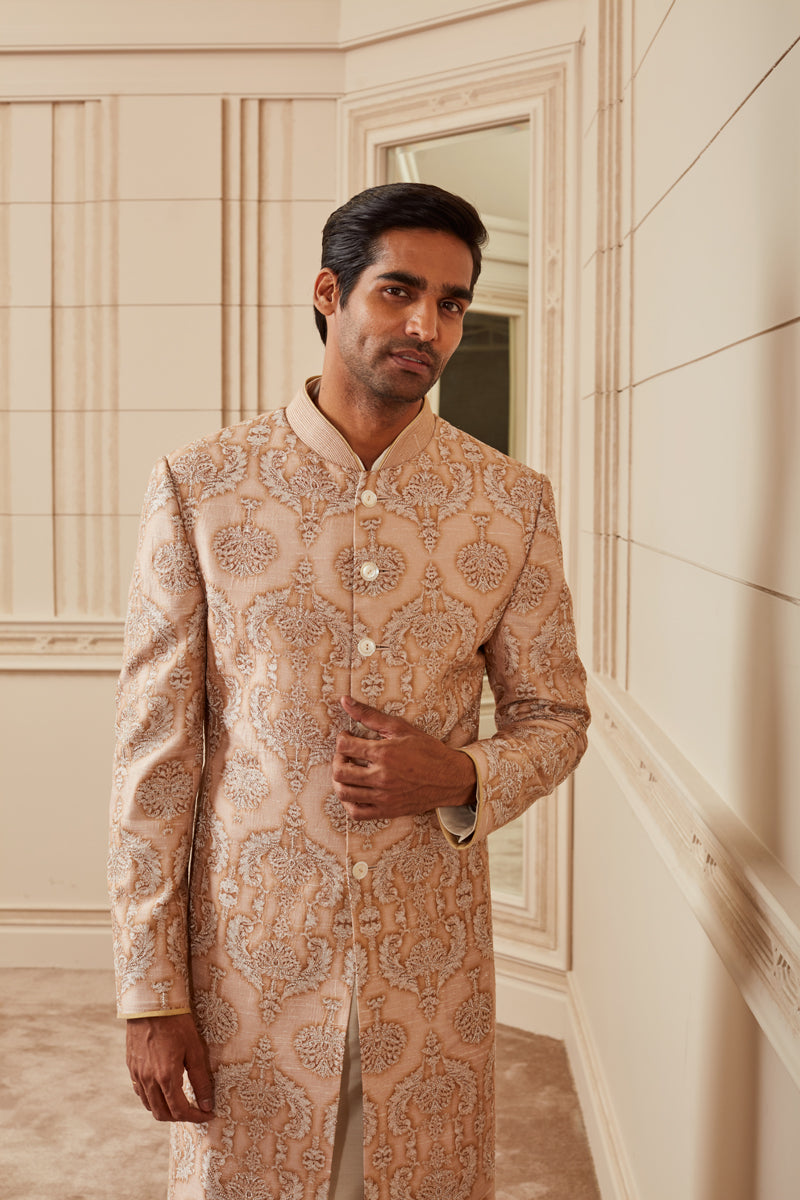 Beige Print And Aari Embroidered Sherwani