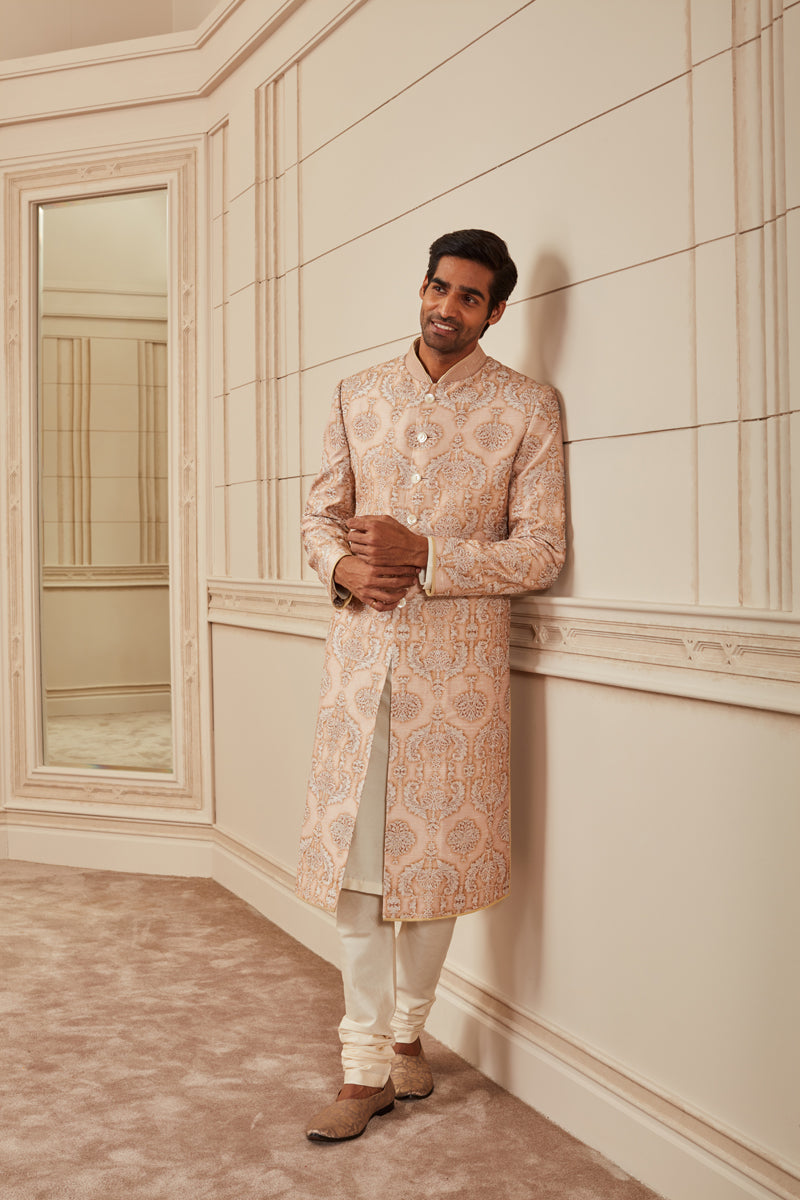 Beige Print And Aari Embroidered Sherwani