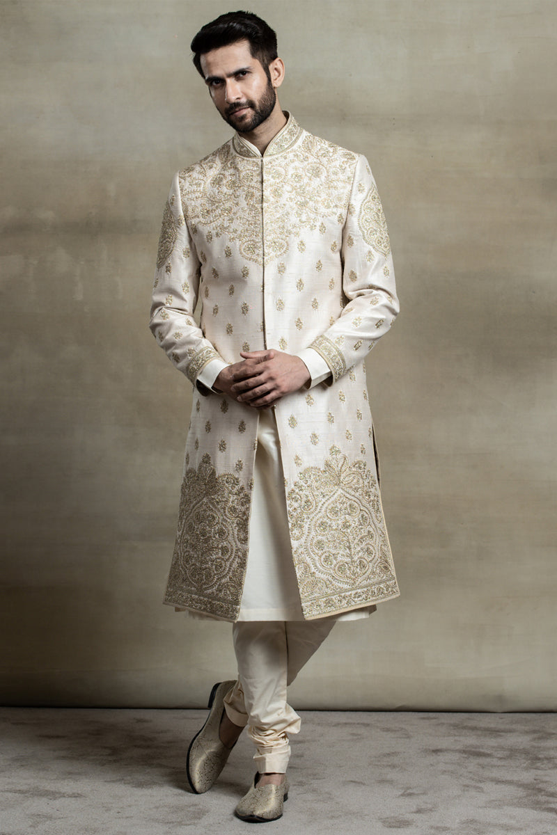 Ivory Raw Silk Sherwani With Placement Embroidery