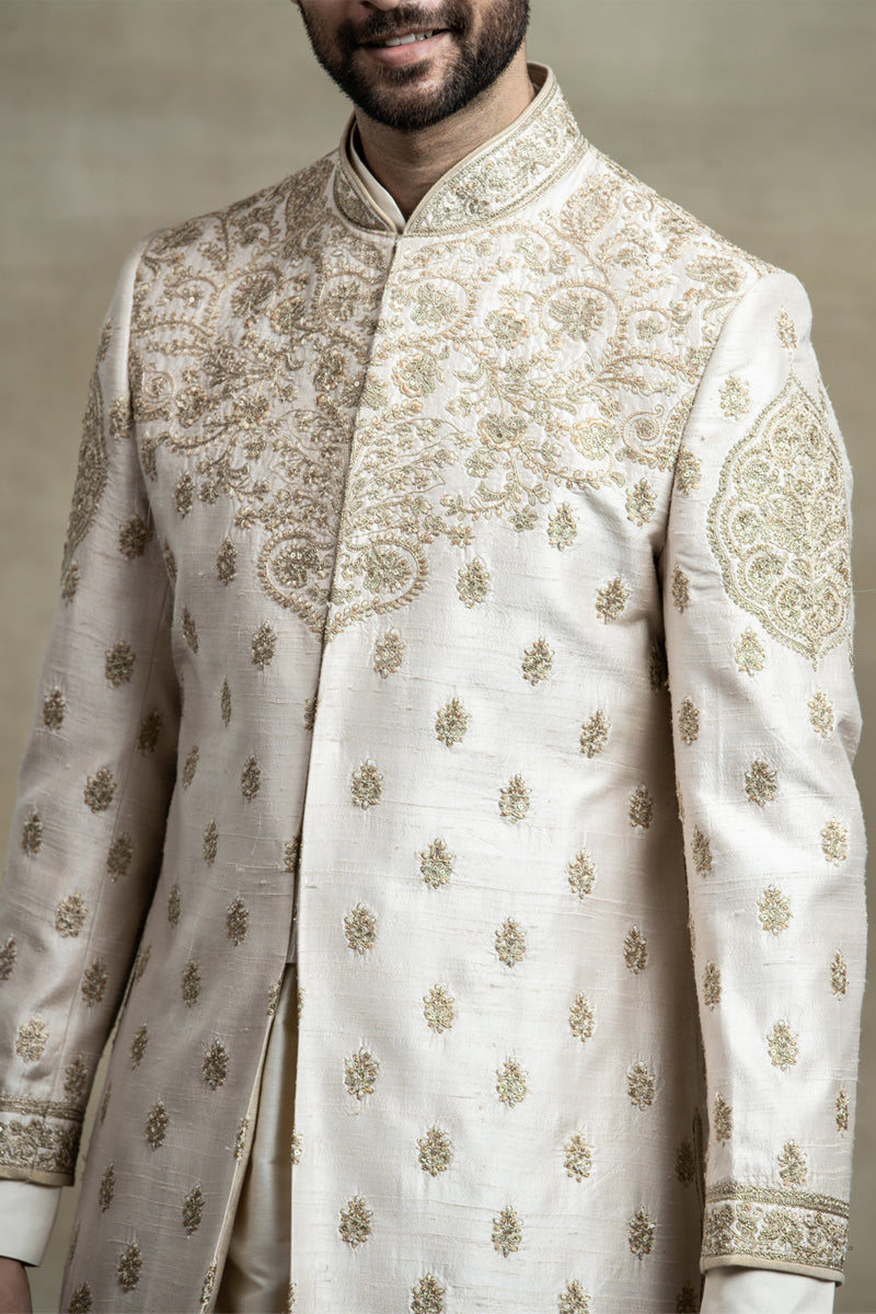 Ivory Raw Silk Sherwani With Placement Embroidery