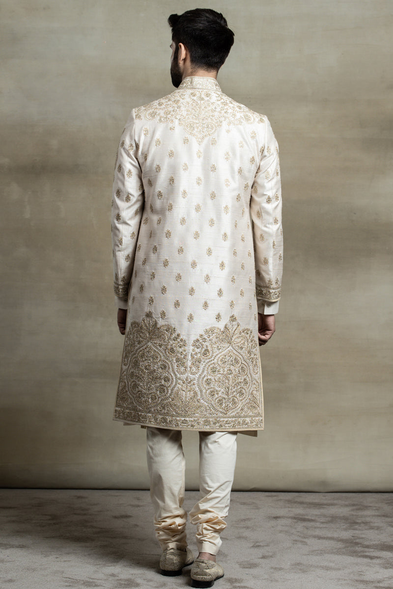 Ivory Raw Silk Sherwani With Placement Embroidery