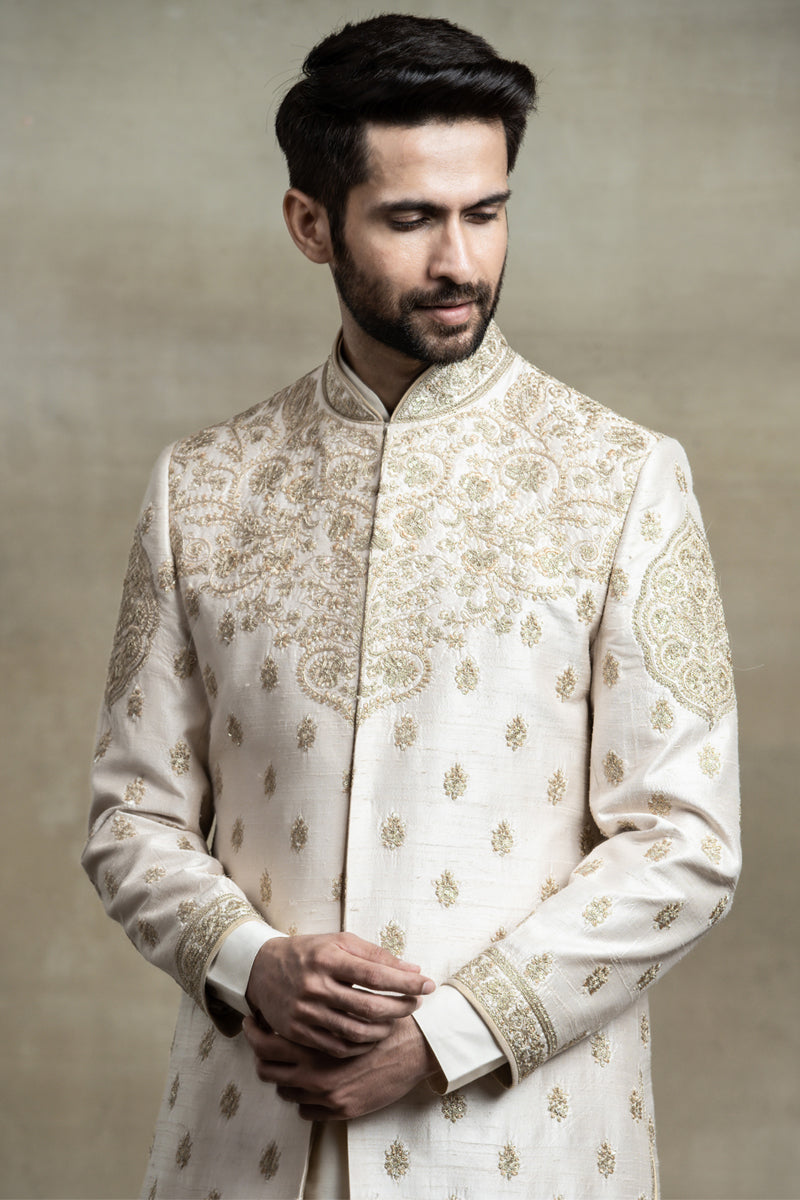 Ivory Raw Silk Sherwani With Placement Embroidery