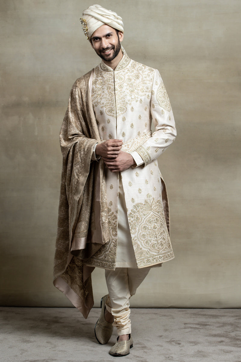 Ivory Raw Silk Sherwani With Placement Embroidery