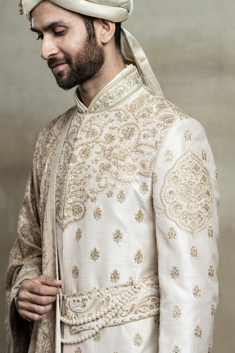 Ivory Raw Silk Sherwani With Placement Embroidery