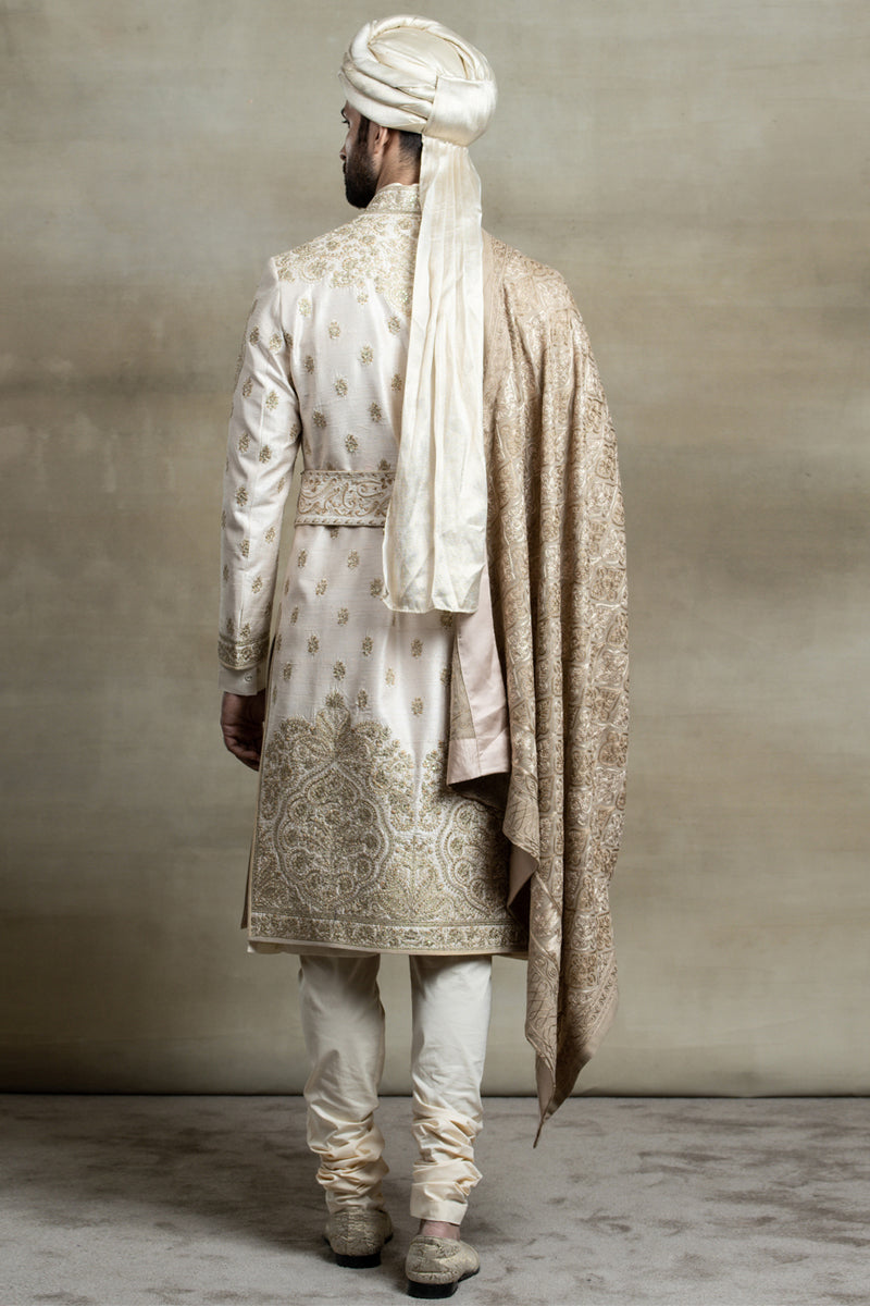 Ivory Raw Silk Sherwani With Placement Embroidery