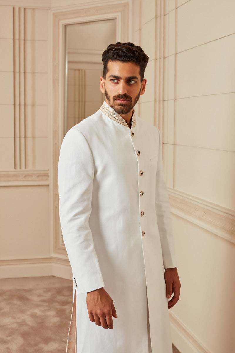 Ivory Linen Sherwani With Dori Embroidered Collar