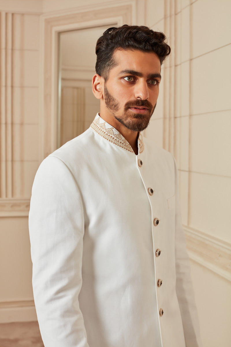 Ivory Linen Sherwani With Dori Embroidered Collar