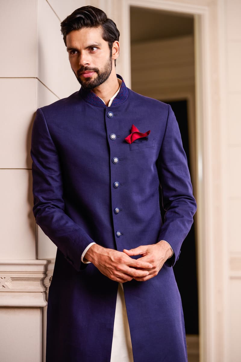 Navy Linen Sherwani With Dori Embroidered Collar