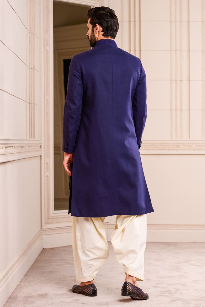 Navy Linen Sherwani With Dori Embroidered Collar