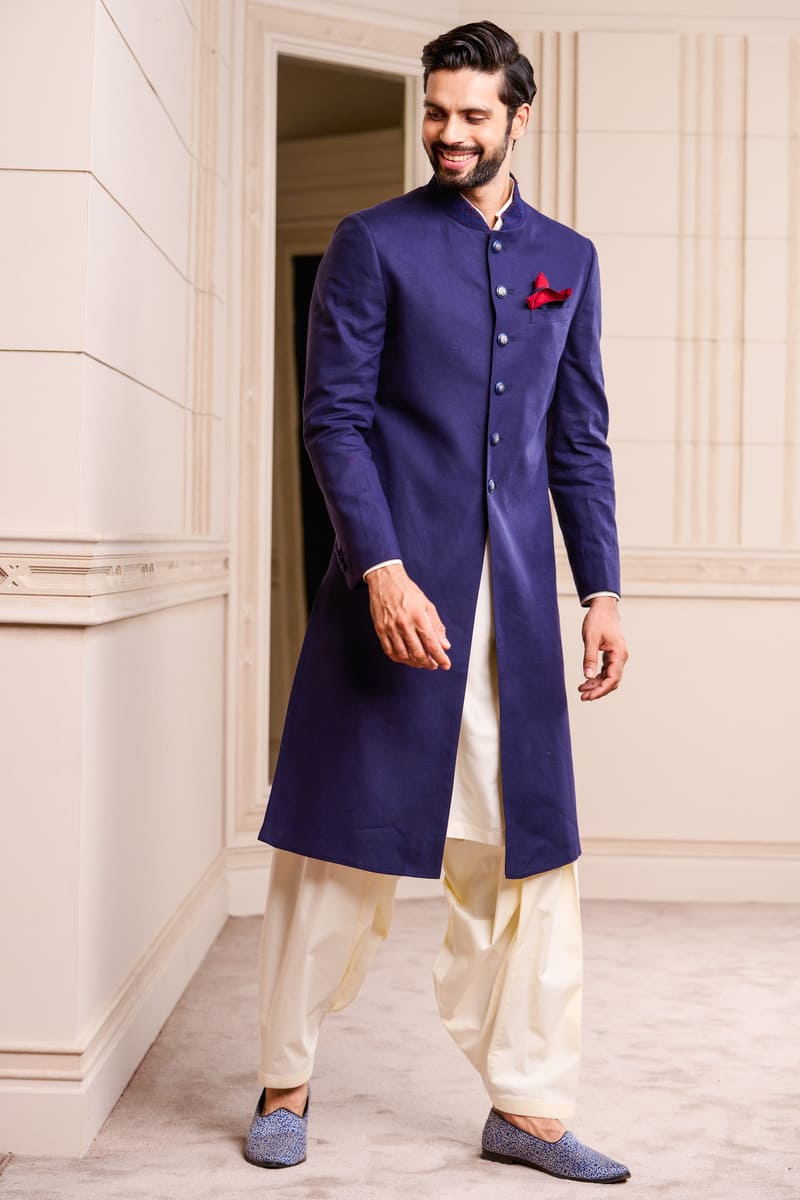 Navy Linen Sherwani With Dori Embroidered Collar