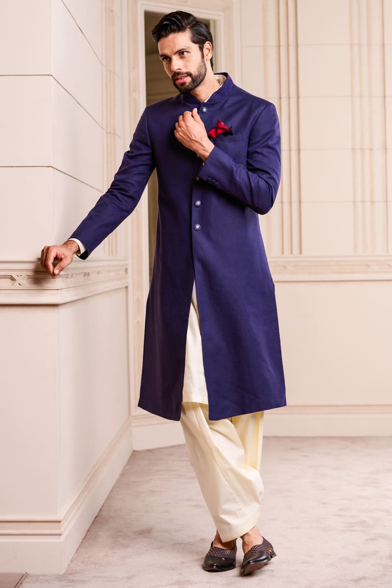 Navy Linen Sherwani With Dori Embroidered Collar