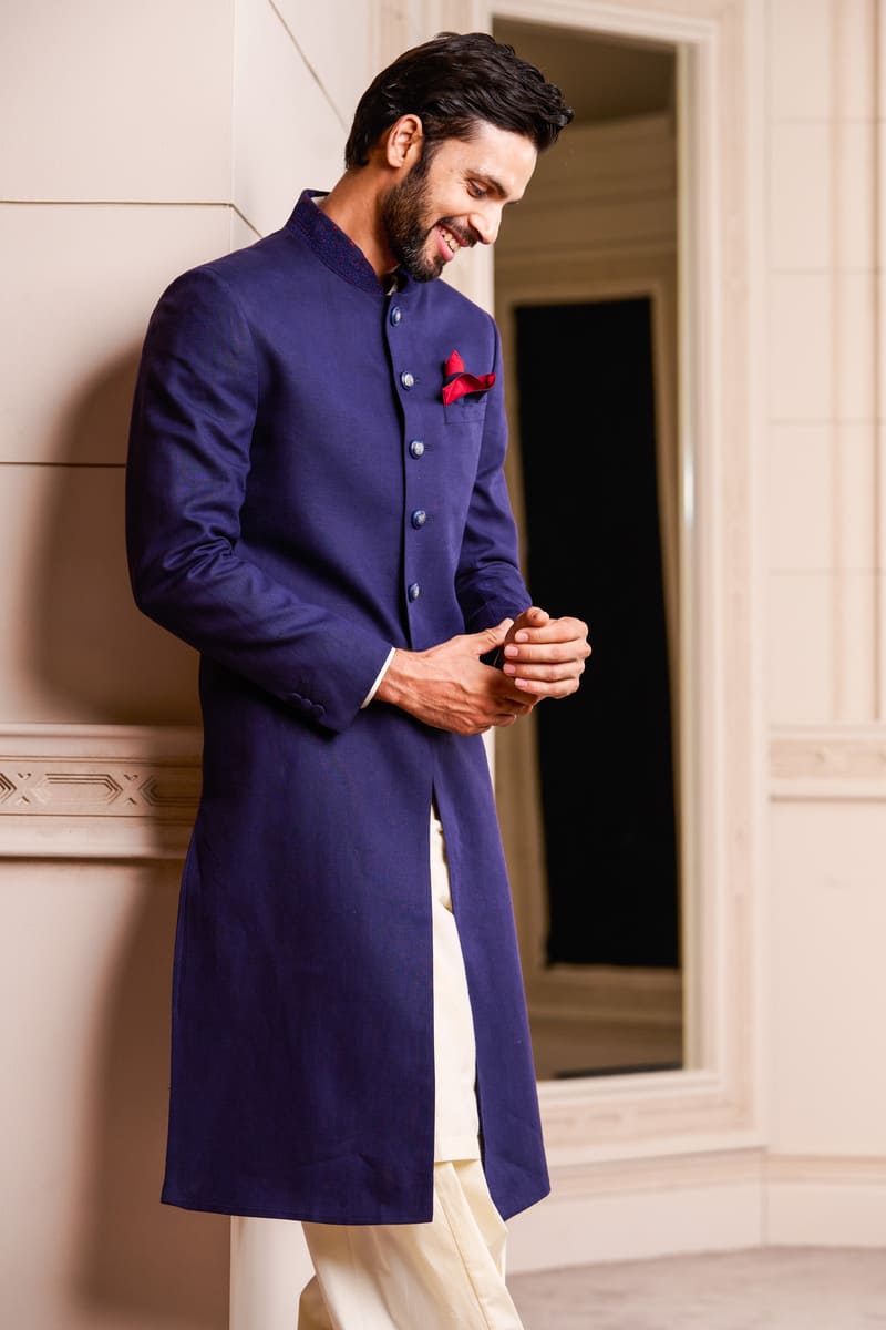 Navy Linen Sherwani With Dori Embroidered Collar