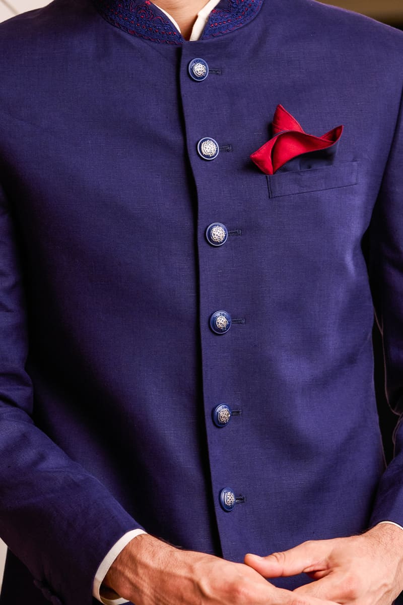 Navy Linen Sherwani With Dori Embroidered Collar