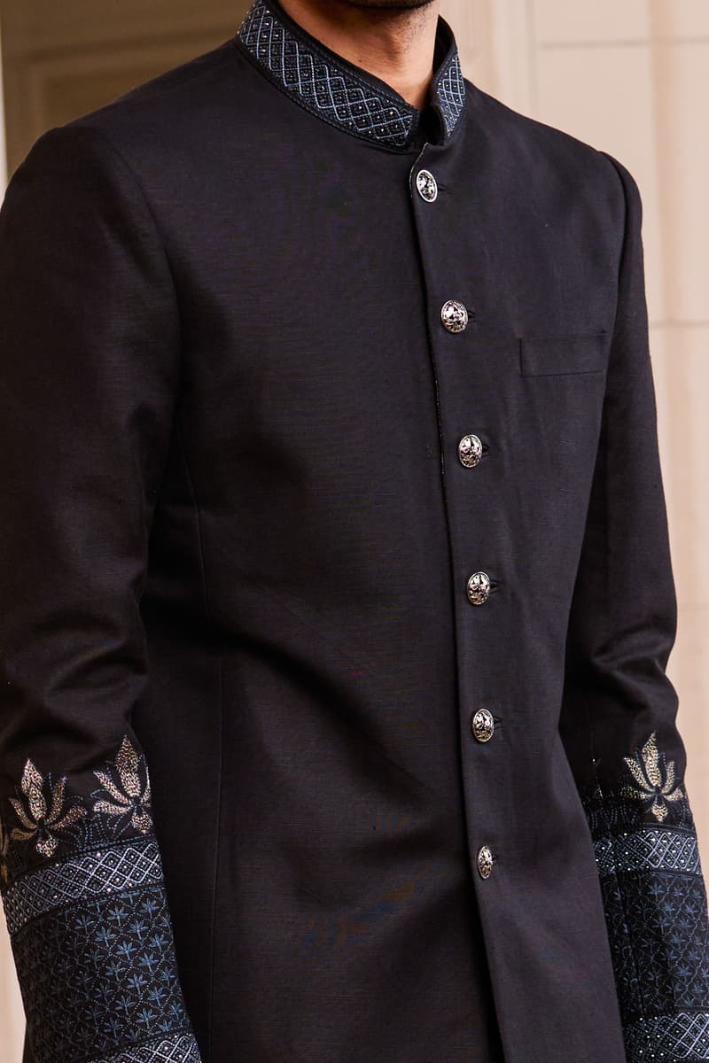 Black Linen Sherwani With Swarovski Detailing