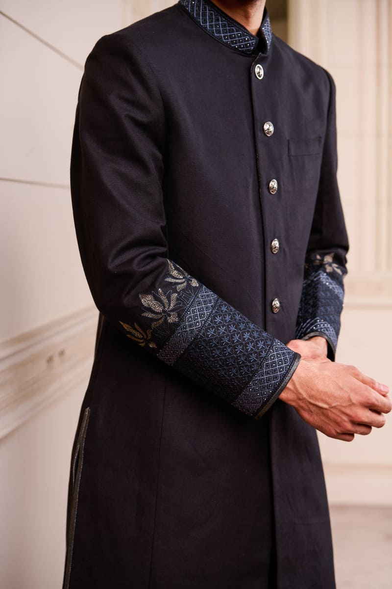 Black Linen Sherwani With Swarovski Detailing